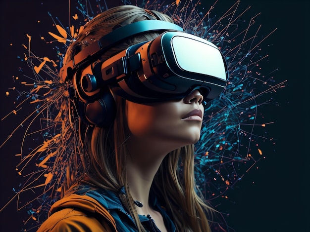 A woman wearing a vr headset with the word vr on the front.