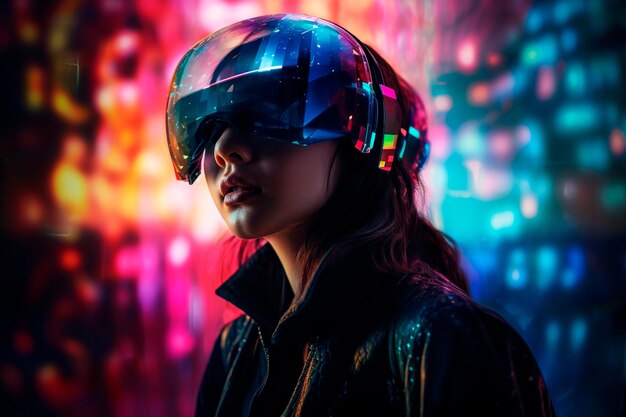 A woman wearing a vr helmet stands in front of a colorful background.