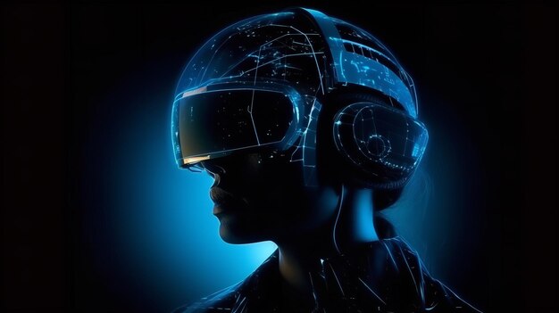 A woman wearing a vr helmet with a blue background and a constellation of stars.