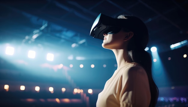 A woman wearing VR set stands in front of a large auditorium and enjoy the concert