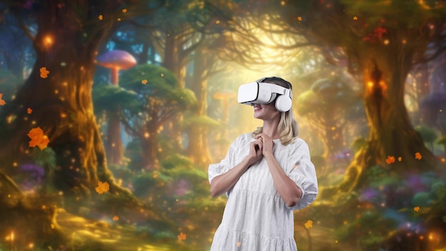 Photo woman wearing vr stretching arms getting fresh tale maple leaves contraption