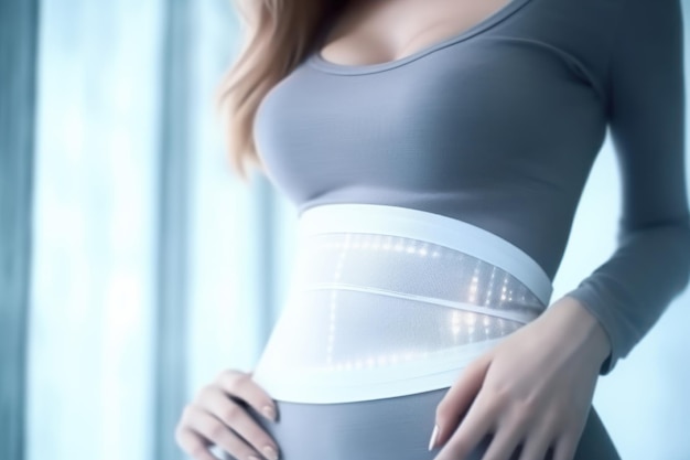 A woman wearing a waist belt that says'the best waist trainer '