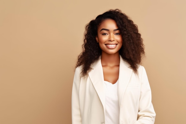 Photo woman wearing white blazer and white shirt smiles at the camera generative ai