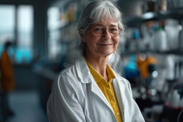 Photo a woman wearing a white coat with a yellow top