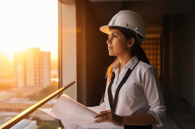 A woman wearing a white hard hat looks out a window at sunset