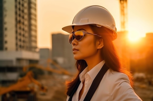 A woman wearing a white hard hat and sunglasses stands in front of a construction site