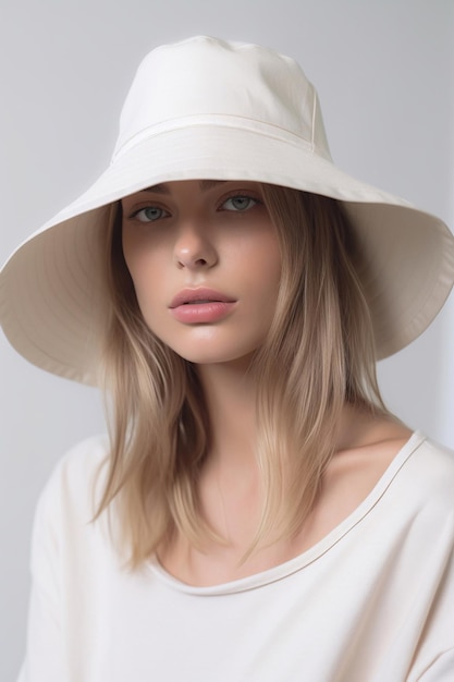 A woman wearing a white hat and a white shirt stands in front of a white wall.