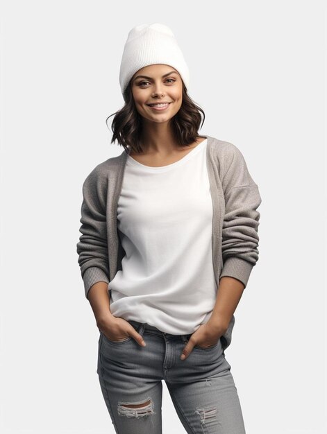 Foto una donna con un cappello bianco e una camicia bianca