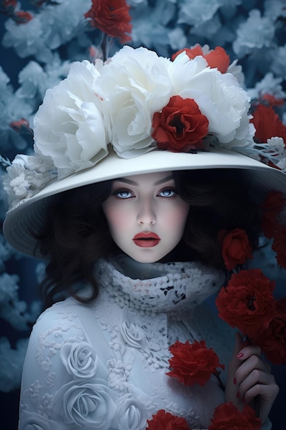白い帽子をかぶって赤い花をかぶった女性