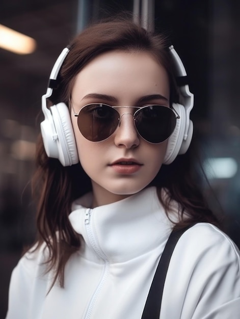 A woman wearing white headphones with a white jacket and sunglasses.