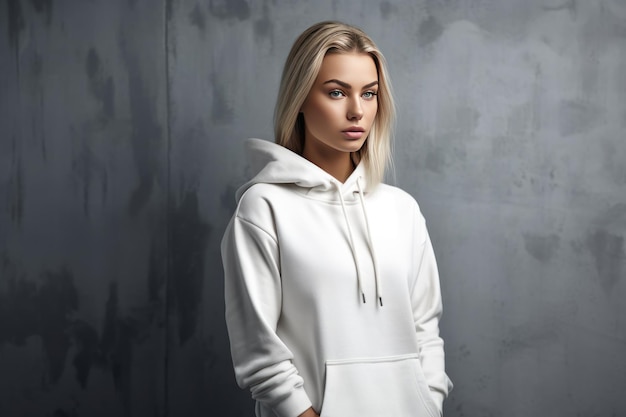 A woman wearing a white hoodie with the word love on it