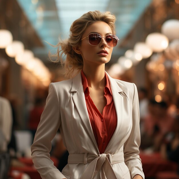 A woman wearing a white jacket and red shirt is walking down a train.