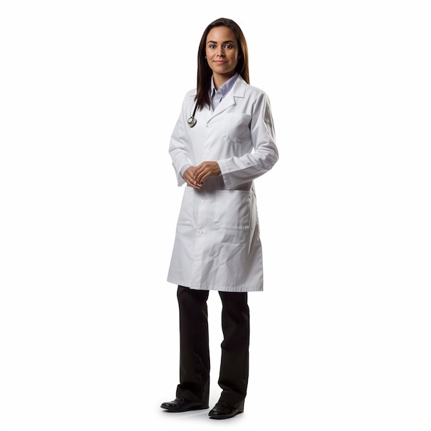 Photo woman wearing white lab coat and black pants