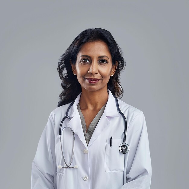 a woman wearing a white lab coat with a badge on it