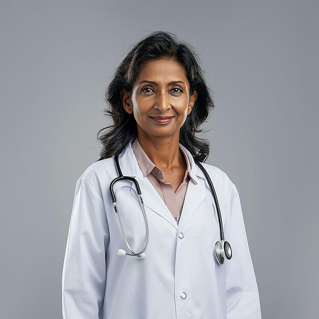 Photo a woman wearing a white lab coat with a stethoscope on it