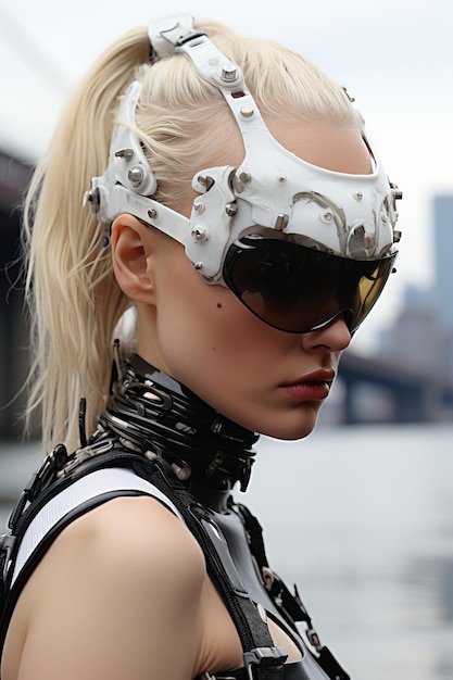 Photo a woman wearing a white mask and sunglasses