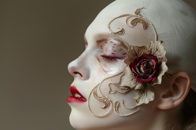 白いマスクをかぶった女性と花を生成する人工知能