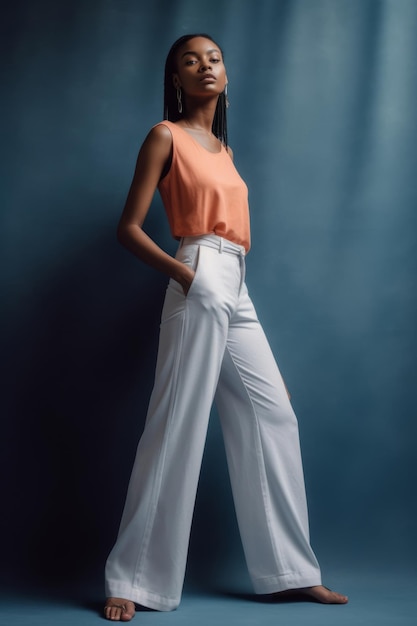 Photo a woman wearing a white pant and white pants stands against a dark blue background