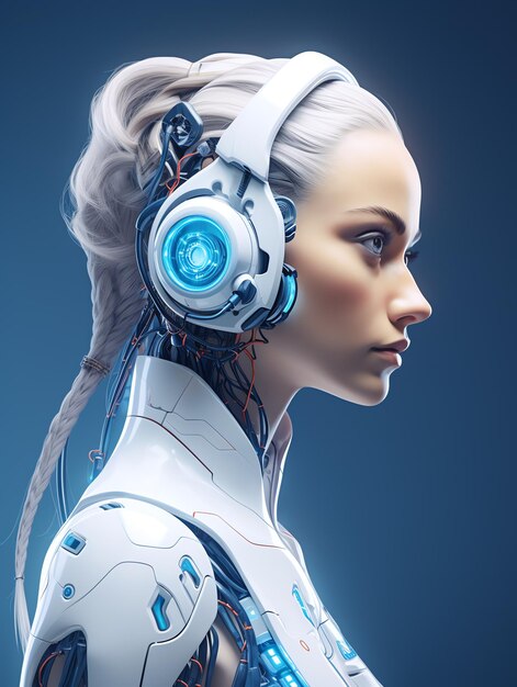 a woman wearing a white robot headphones