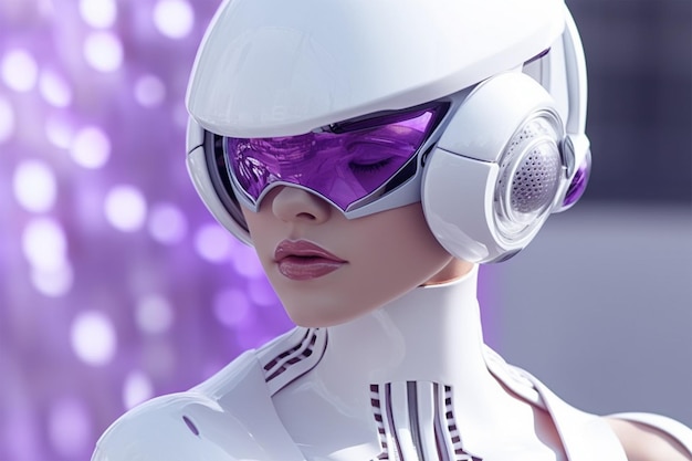 A woman wearing a white robot helmet with purple lenses