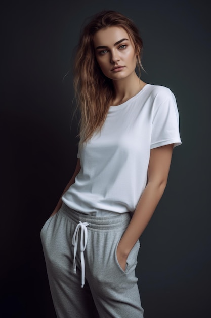 A woman wearing a white shirt and gray pants stands against a dark background.