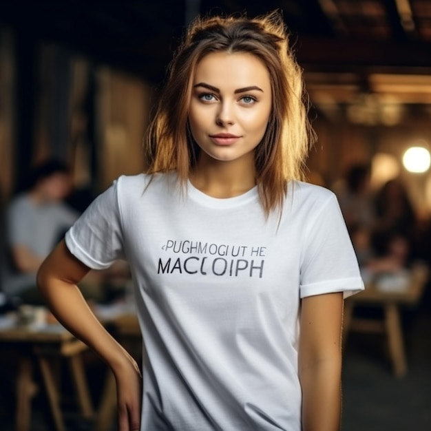 A woman wearing a white shirt that says'chicago put the macphalox'on it