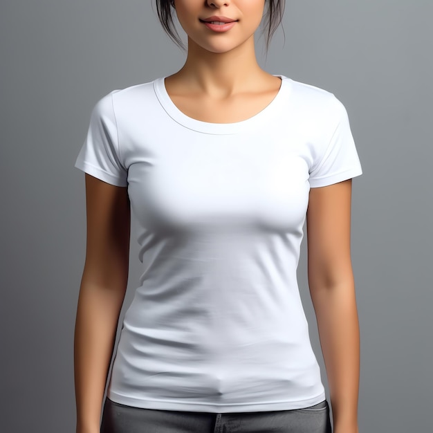 A woman wearing a white shirt that says't shirt'on it