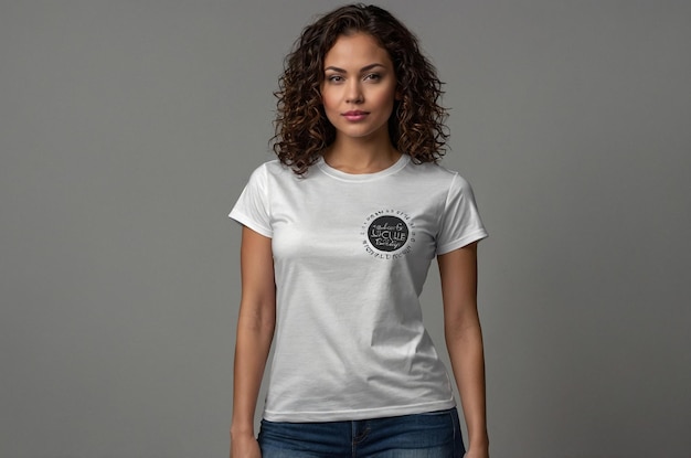 a woman wearing a white shirt that says quot t shirt quot