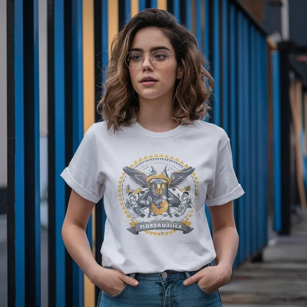 a woman wearing a white shirt that says quot the word eagle quot on it