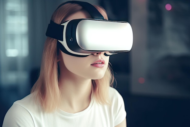 Женщина в белой рубашке и белой рубашке смотрит на гарнитуру виртуальной реальности.