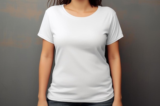 a woman wearing a white shirt with a white shirt that says " t - shirt ".