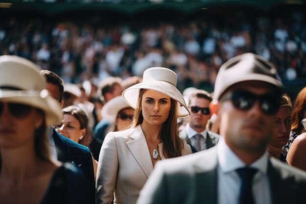 색 슈트와 모자를 입은 한 여성이 멜버른 컵에서 혼잡한 군중을 통해 자신감 있게 항해합니다.