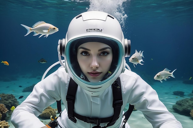 A woman wearing a white suit and helmet under water with fish