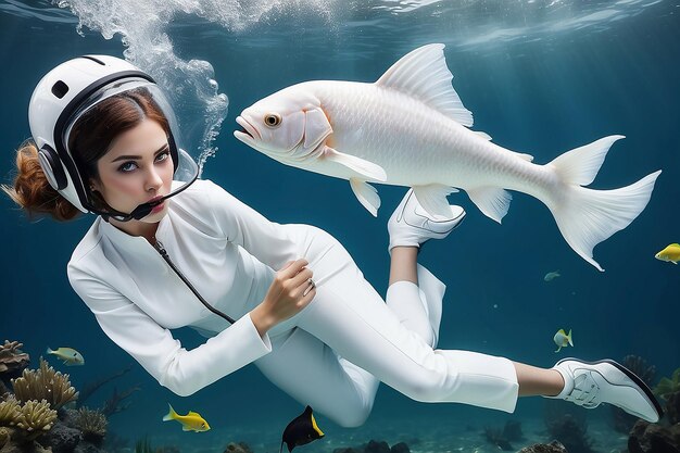 A woman wearing a white suit and helmet under water with fish