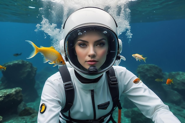 A woman wearing a white suit and helmet under water with fish