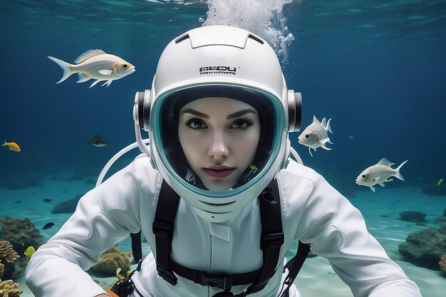 Foto una donna che indossa un vestito bianco e un casco sotto l'acqua con i pesci