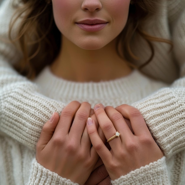 Photo woman wearing white sweater holding her hands together