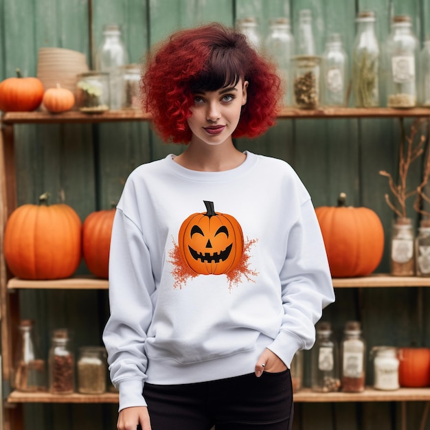 a woman wearing a white sweater with a pumpkin on it