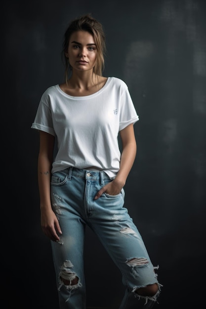 A woman wearing a white t - shirt and jeans stands against a black background.