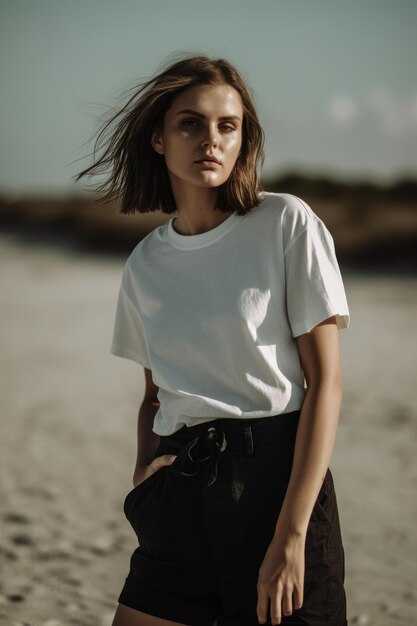 A woman wearing a white t - shirt stands on a beach