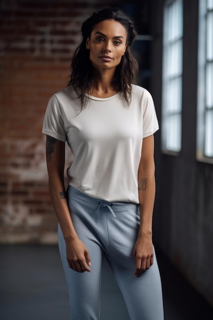 A woman wearing a white t - shirt stands in front of a brick wall.