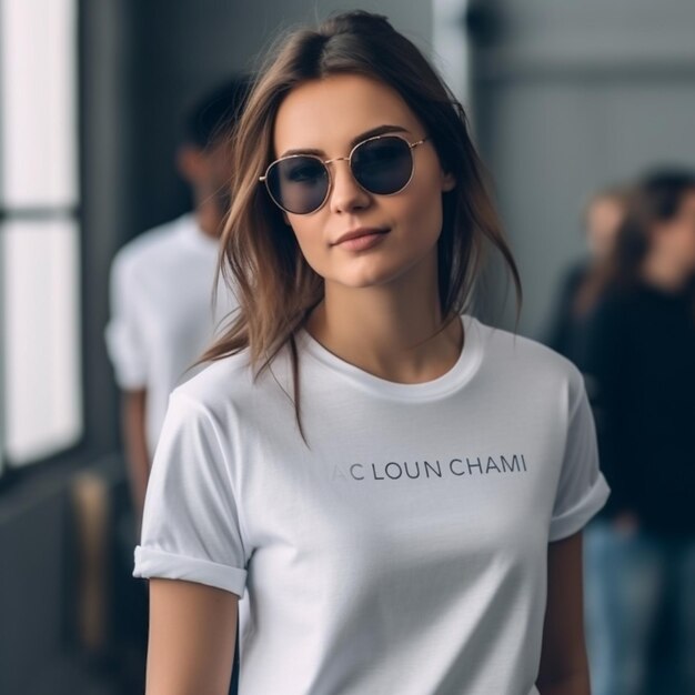 c lou chaiと書かれた白いTシャツを着た女性。