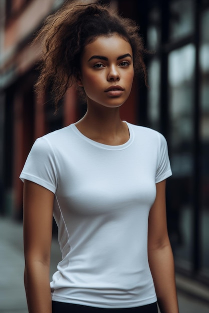 A woman wearing a white t - shirt that says't - shirt '