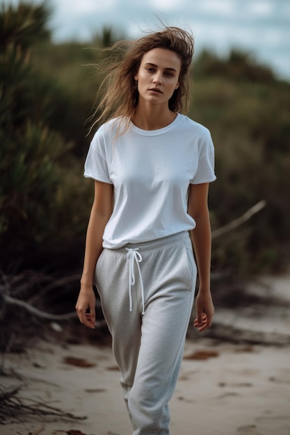 A woman wearing a white t - shirt and a white t - shirt walks along a beach.