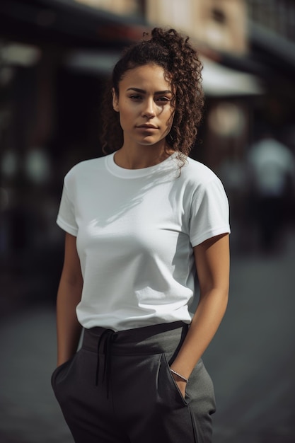 A woman wearing a white t - shirt with a black belt and a white shirt