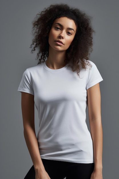 A woman wearing a white t - shirt with a black belt and a white t - shirt