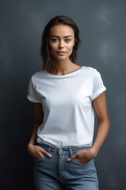 A woman wearing a white t - shirt with a blue denim jeans on the front.