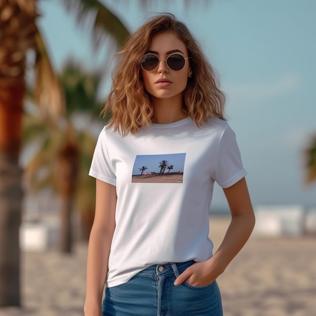 A woman wearing a white t - shirt with a picture of palm trees on the front.