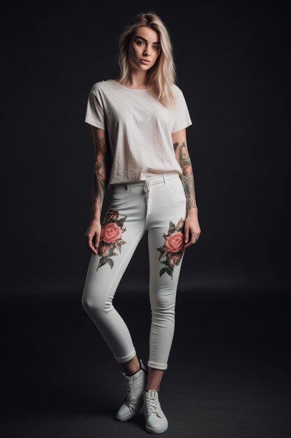 Photo a woman wearing a white t - shirt with red roses on it