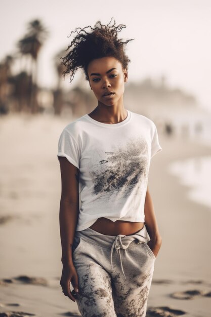 A woman wearing a white t - shirt with the word beach on it